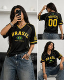 Camiseta Feminina Verde e Amarela Gola V — Estilo Torcedora Brasil para Copa 2026